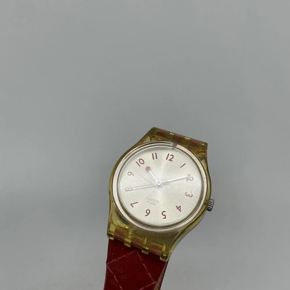 Vintage Swatch Womens Watch 25mm Silver Dial Yellow Case Red Leather Swiss